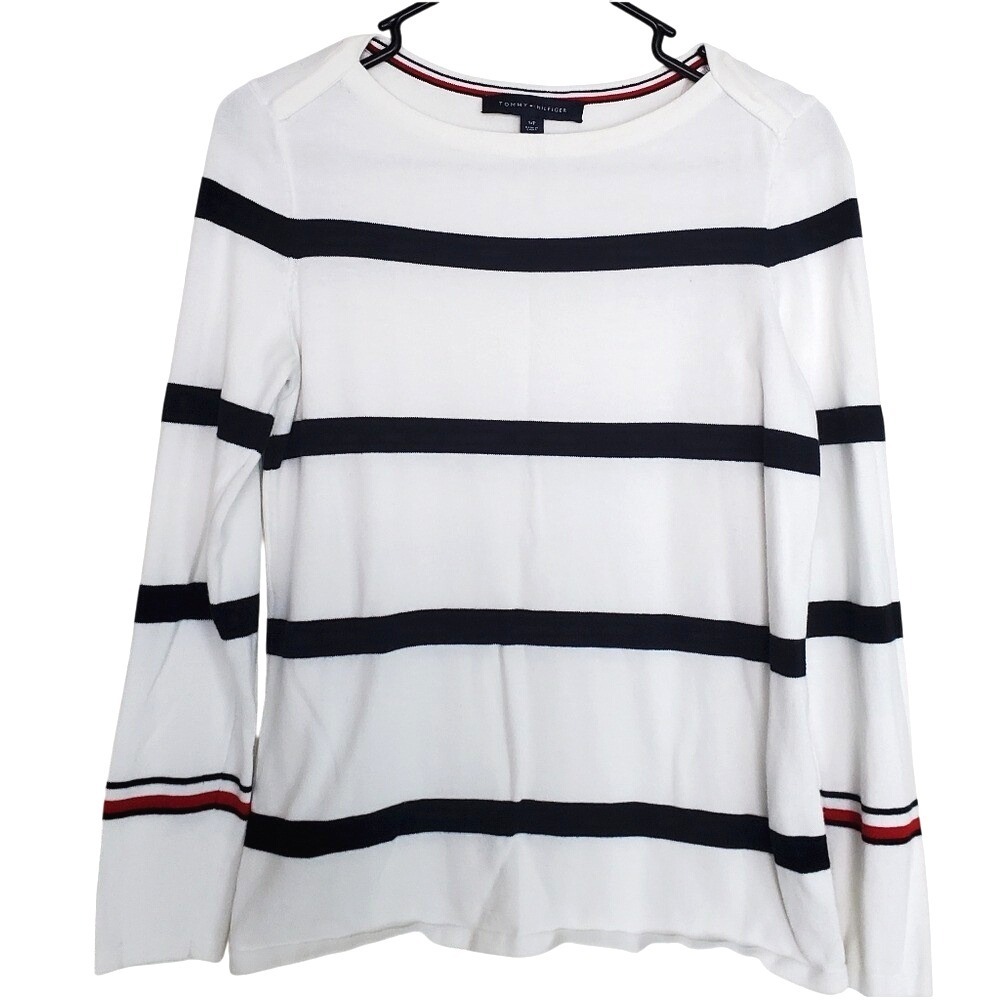 Tommy Hilfiger Nautical White Navy Stripe Long Sleeve Sweater Classy Top Size SP